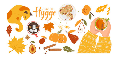 Hygge set. Time to Hygge text. Hands with hot spicy drink, cookies, red leaves. Autumn cute and cozy design element bundle. Autumn vector illustration for Fall mood poster, postcard, flyer template.