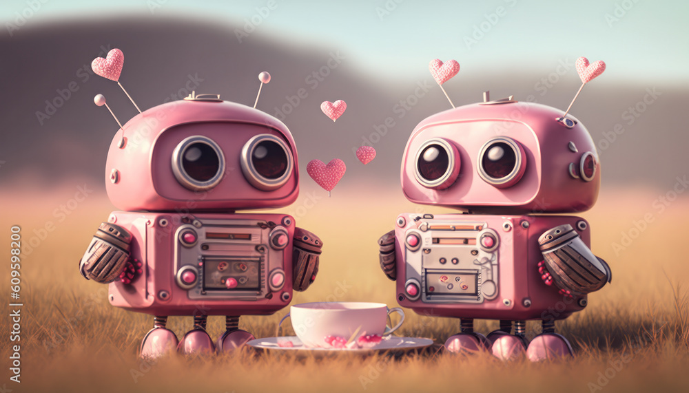 Poster pink retro robots with hearts, exploring distant planet, take break, admire view. generative ai