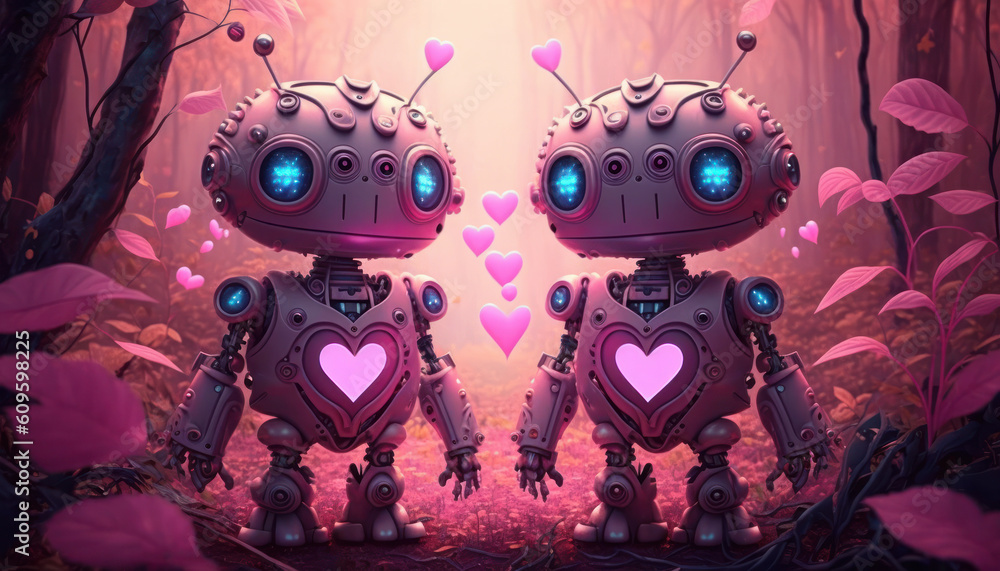 Poster pink cartoon retro robots with hearts explore distant planet, pause to admire view. generative ai