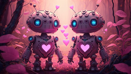 Fototapeta na wymiar Pink cartoon retro robots with hearts explore distant planet, pause to admire view. Generative AI