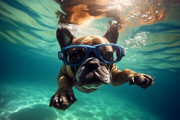 French bulldog swimming underwater in the sea with glasses created with AI generative tools