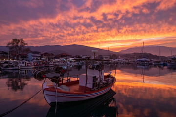Platamonas village in Greece at Sunset, view from the fishing port