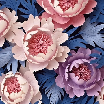Paper cut stule peony flowers pattern texture created with AI generative technology