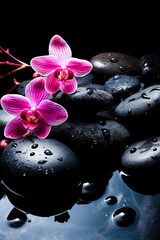 illustration of pink orchids on wet black stones. vertical. free space. Spa concept. generative AI