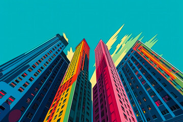 Generative AI illustration of New York buildings seen from below in bright colors