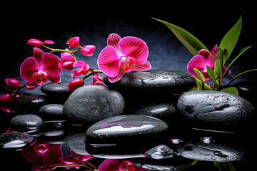 Fototapeta na wymiar illustration of pink orchids on wet stones. advert for Spa concept. generative AI