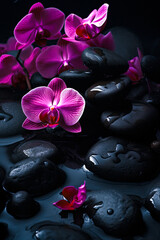 Naklejka na ściany i meble illustration of pink orchids on black stones with reflection. free space. Spa concept. generative AI