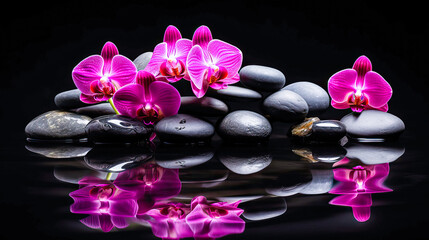 Obraz na płótnie Canvas pink orchids on black stones with reflection in water. Spa concept. generative AI