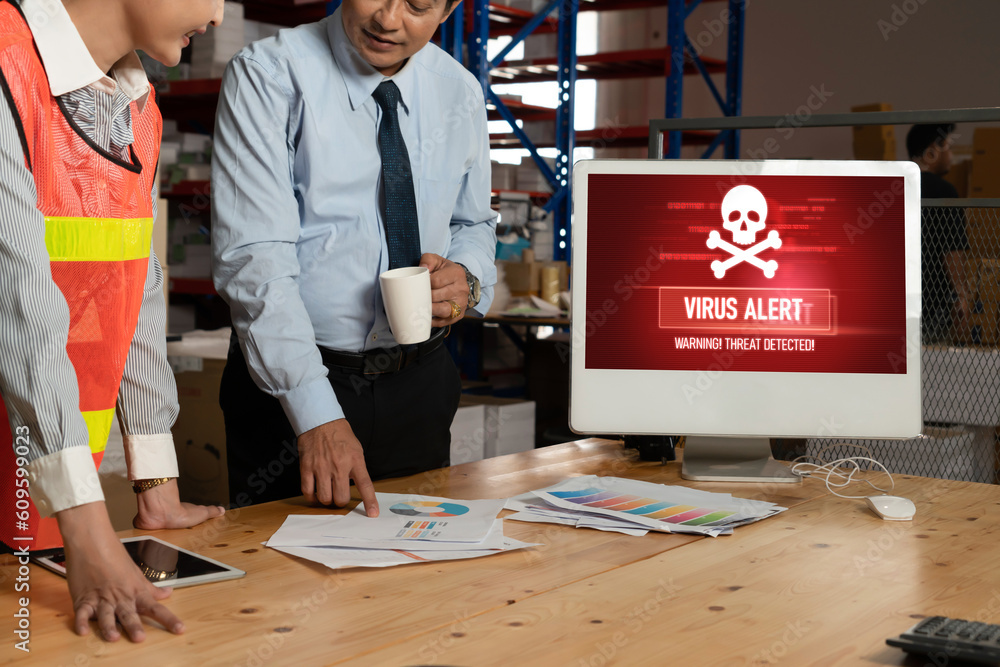 Poster virus warning alert on computer screen detected modish cyber threat , hacker, computer virus and mal