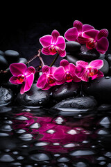 illustration of pink orchids on black stones with reflection. free space. Spa concept. generative AI