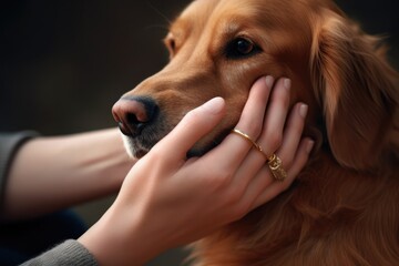 Beautiful golden retriever dog in hands on dark background,  A person petting his dog, symbolizing a close bond, AI Generated