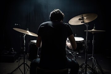 Young man playing drums on a stage in a dark room with dramatic lighting, A drummer in full rear view playing drums, AI Generated