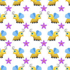 Seamless Pattern Abstract Elements Different Bee Insect Beetle With Flower Vector Design Style Background Illustration Texture For Prints Textiles, Clothing, Gift Wrap, Wallpaper, Pastel