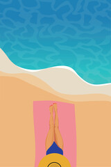 Woman on the beach. Vector flyer or poster design in minimalistic style.