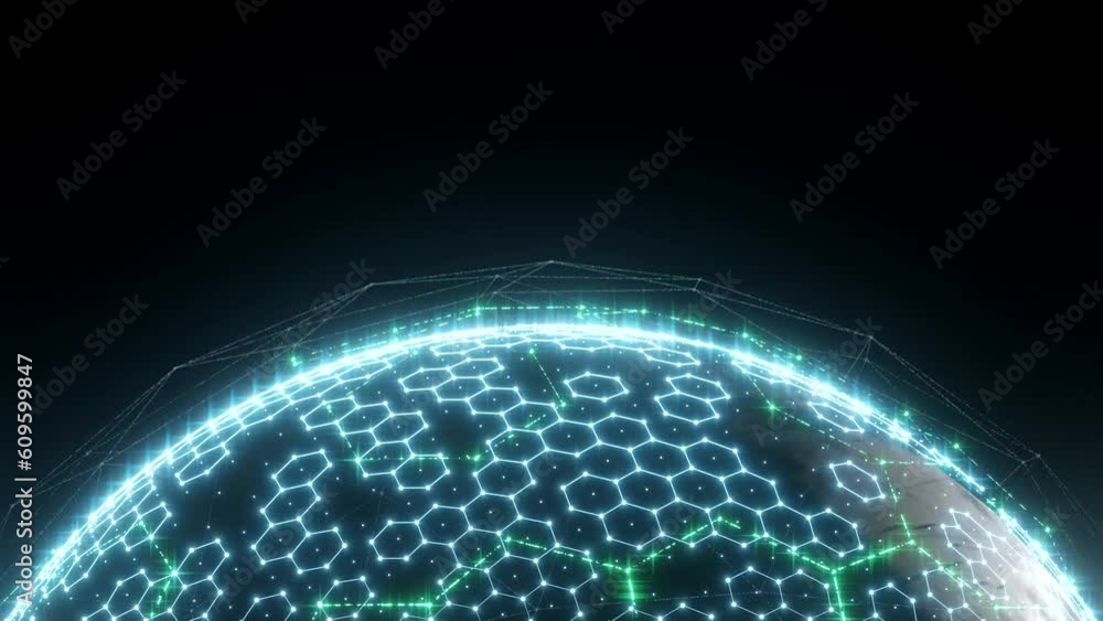 Poster abstract glowing geometric wireframe on the dark sphere, digital network concept, loop animation.
