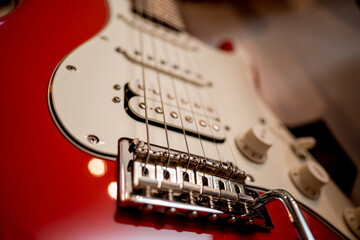 Electric guitar red color in the music shop