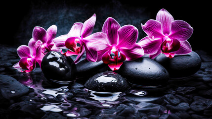 Naklejka na ściany i meble Beautiful illustration of pink orchids on wet stones. Spa concept. generative AI