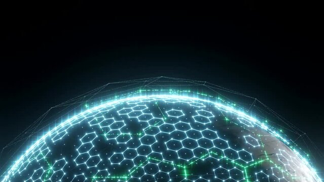 Abstract glowing geometric wireframe on the dark sphere, Digital network concept, Loop animation.