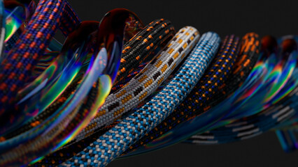 Abstract concept. Transparent tubes and ropes are twisted on a black isolated background. Knot, spiral, plexus. Ropes.