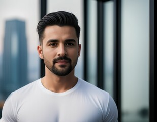 Obraz premium A handsome young man with scyskrapers and city skyline in the background, created with generative AI