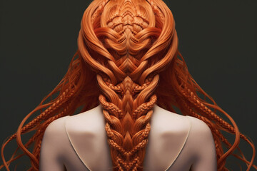 Young woman with  long braided red hair, rear view.  Hairdresser salon concept. Braided red-haired hairstyle. Model  with long creative braided hairstyle.  AI generated