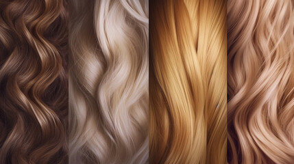 Close-up of hair strands studio shot, beauty and fashion concept. Macro shot of  dyed strands hair in natural colors, top view. Hair care concept. Tuft colored hair.  AI generated