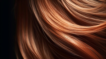 Fototapeta premium Close-up of wavy brown hair strands on dark background, beauty and fashion concept. Macro shot of female chestnut hair strands, top view. Hair care concept. Tuft brown hair. AI generated