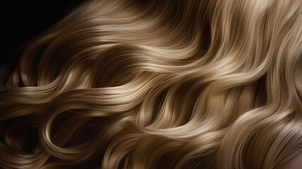 Strands of  Beautiful long wavy hair colored in light blond color, top view.   Closeup shot of  beautiful curly hair. Beauty, Fashion concept. Hairdresser salon concept. AI generated - obrazy, fototapety, plakaty