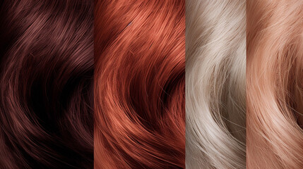 Naklejka premium Close-up of colorful hair strands studio shot, beauty and fashion concept. Macro shot of dyed strands hair in vivid colors, top view. Hair care concept. Tuft bright colored hair. AI generated
