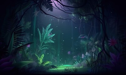 Magical night in a tropical jungle Creating using generative AI tools
