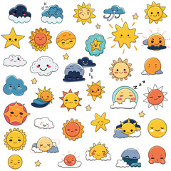 weather icons set, Cute doodle vector of suns, stars and clouds