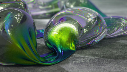 Abstract concept. Transparent iridescent live bubbles are inflated on a thin, shiny green metallic ribbon.