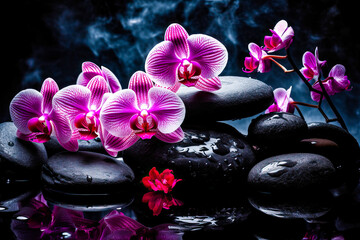 Fototapeta na wymiar illustration of pink orchids on black stones with reflection. free space. Spa concept. generative AI