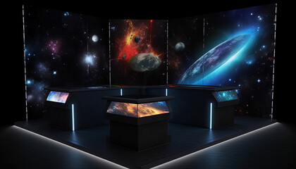 Futuristic sci-fi room with displays, planets, stars and galaxy background