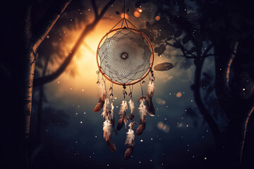 Indian lucky charm dream catcher hanging in the forest and blur background - obrazy, fototapety, plakaty