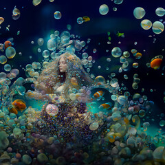 Obraz na płótnie Canvas Goddess of Water - fairytale Mermaid under water. Generative AI, non-existent person.