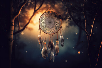 Indian lucky charm dream catcher hanging in the forest and blur background - obrazy, fototapety, plakaty