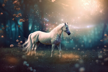 Obraz na płótnie Canvas 3D illustration of a fantasy world with a white horse in a dream landscape