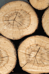 Naklejka premium A pile of gathered firewood. Close up shot of deck of wood. Wooden log cuts. Collecting firewood for a bonfire. Picnic or barbecue party background