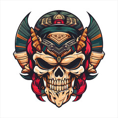 Skull emblem vector logo. Agressive human aztec demonic skull