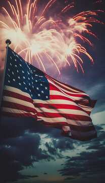United States flag. Fireworks background for USA Independence Day. Memorial day concept. background with copy space. vertical