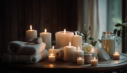 Fototapeta na wymiar Spa setting with burning aromatic white candles and towels