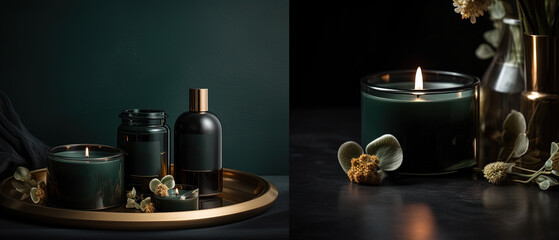 Obraz na płótnie Canvas Luxury mock-up with dark green jars, flowers and accessories in a cozy setting