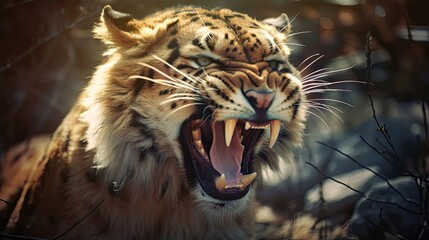 close up portrait of a roaring panther - obrazy, fototapety, plakaty