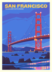 Vector premium travel poster. Evening View of the Golden Gate Bridge in San Francisco. San Francisco Bay. The state of California