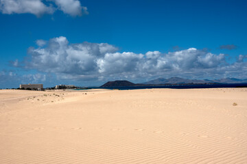 Las Dunas de Corralejo, (Corralejo Dunes), a stunning white sand beach on Fuerteventura Island, Canary Islands, Spain