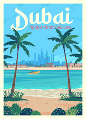 Vector premium travel poster. View of the beach in Dubai on a sunny day. The United Arab Emirates.
