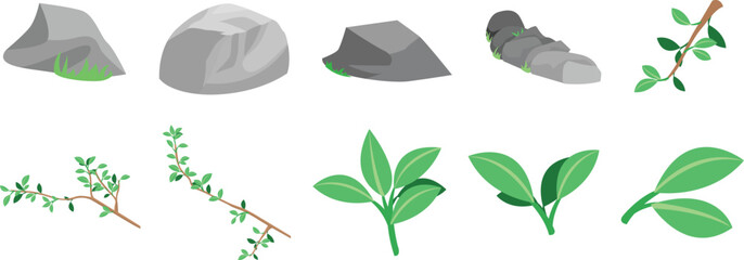 Leaf and Rock Illustrations Collection. Nature Leaf and Rock.