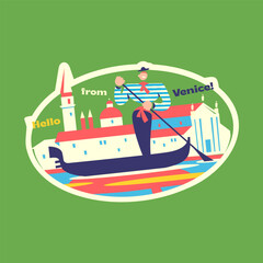 Travel Vector Retro Sticker, Pin, Stamp, Patch. Illustration concept. Trendy Cartoon style of 30s 40s. Around the World collection. A gondolier is sailing on a gondola. Venice. - obrazy, fototapety, plakaty