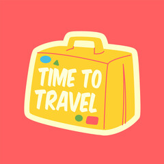 Travel Vector Retro Sticker, Pin, Stamp, Patch. Illustration concept. Trendy Cartoon style of 30s 40s. Around the World collection. Road Trip. Yellow cute travel suitcase.